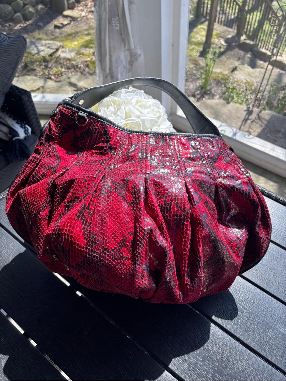 Nine West Red Snakeskin-Effect Pleated Hobo with Black Trim